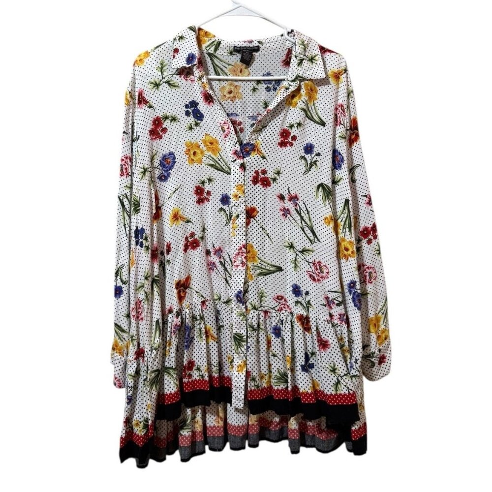 Chelsea & Theodore Women Size 2X Pleated Button Down Tunic Blouse Floral Spring